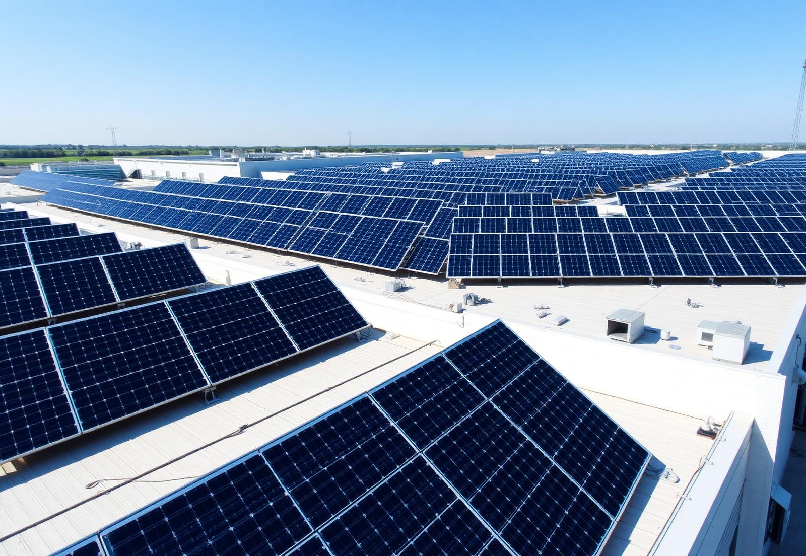 Große Photovoltaikanlage auf dem Flachdach einer Unternehmenshalle mit Modulreihen